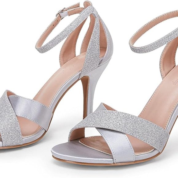 Womens Glitter Strap Ankle Buckle Cut Out Back Heels - Picture 2 of 3